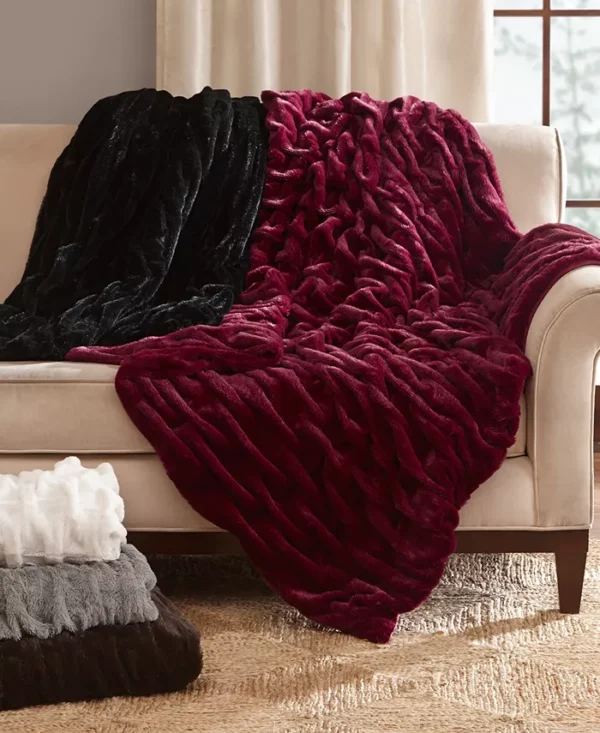 Ruched Faux Fur Throw Blanket